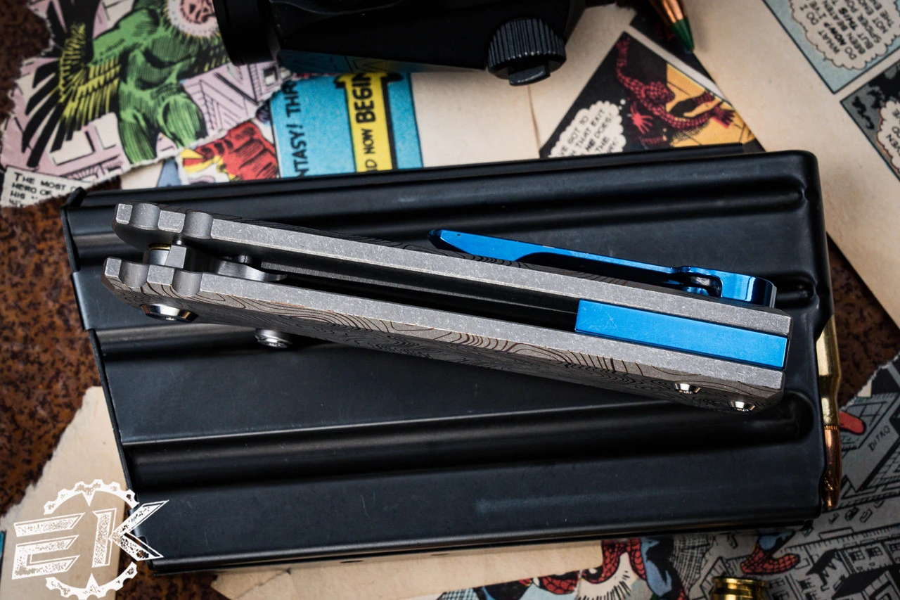 Chaves Knives Ultramar Redencion Street "Topo Pattern" Blue Titanium Folding Knife 3.25" Tanto 5 Chaves Knives Ultramar Redencion Street "Topo Pattern" Blue Titanium Folding Knife 3.25" Tanto - Image 3