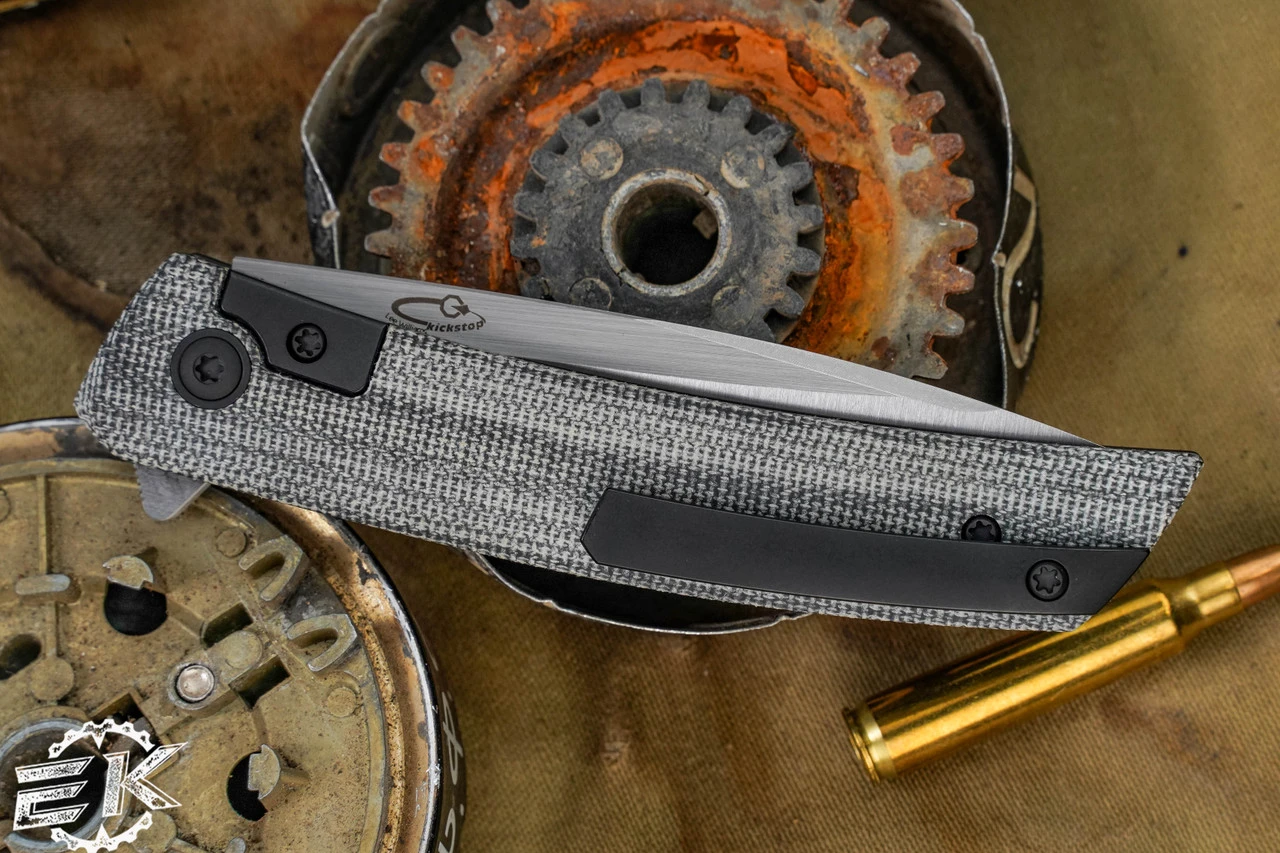 J. Oeser Knives F22 Kickstop Flipper Black Micarta/Hardware 3.3" M390 6 J. Oeser Knives F22 Kickstop Flipper Black Micarta/Hardware 3.3" M390 - Image 4