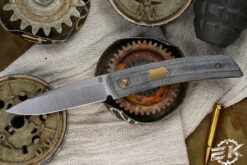 J. Oeser Knives F22 Kickstop Flipper Black Micarta Bronze Hardware 3.3" M390