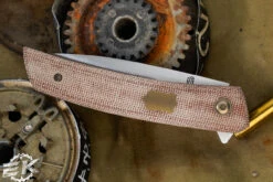 J. Oeser Knives F22 Kickstop Flipper Brown Micarta Bronze Hardware 3.3" M390 -Best Knifes Shop F22 Oeser Kickstop Option 3 Bronze Brown Micarta 3 91334.1668779481