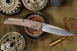 J. Oeser Knives F22 Kickstop Flipper Brown Micarta Bronze Hardware 3.3" M390 -Best Knifes Shop F22 Oeser Kickstop Option 3 Bronze Brown Micarta 77322.1668779482