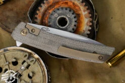 J. Oeser Knives F22 Kickstop Flipper Green Micarta Bronze Hardware 3.3" M390 Satin -Best Knifes Shop F22 Oeser Kickstop Option 3 Bronze Green Micarta 4 05146.1668777941