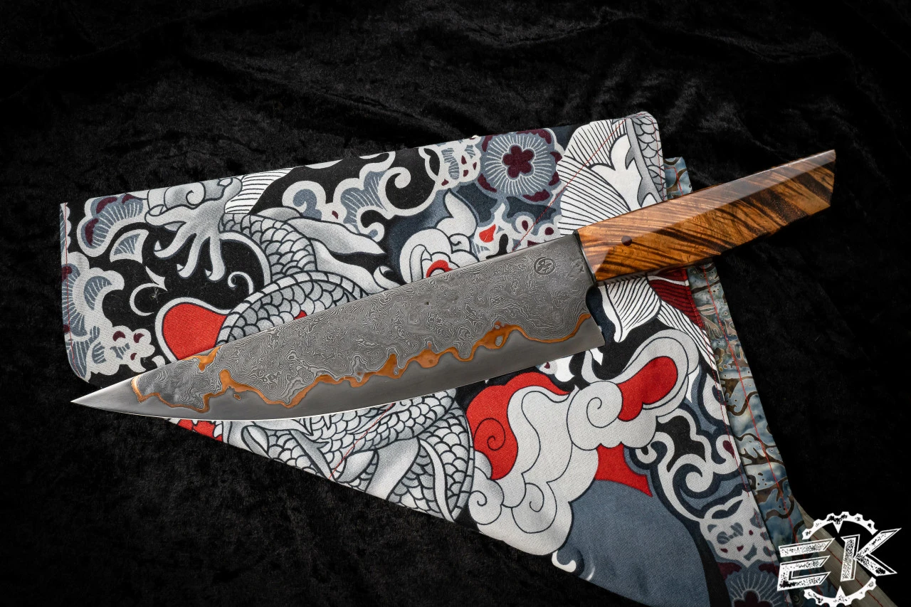 Farias Knives Custom Chef Cutlery Knife-Hawaiian Koa Handle 9.25" Bakers Forge Damascus 3 Farias Knives Custom Chef Cutlery Knife-Hawaiian Koa Handle 9.25" Bakers Forge Damascus