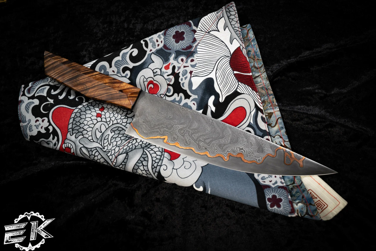 Farias Knives Custom Chef Cutlery Knife-Hawaiian Koa Handle 9.25" Bakers Forge Damascus 6 Farias Knives Custom Chef Cutlery Knife-Hawaiian Koa Handle 9.25" Bakers Forge Damascus - Image 4