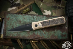 ProTech Godson Custom Automatic Knife Bronze W/ Dark Matter Gold FatCarbon Inlay 3" Bayonet DLC 002