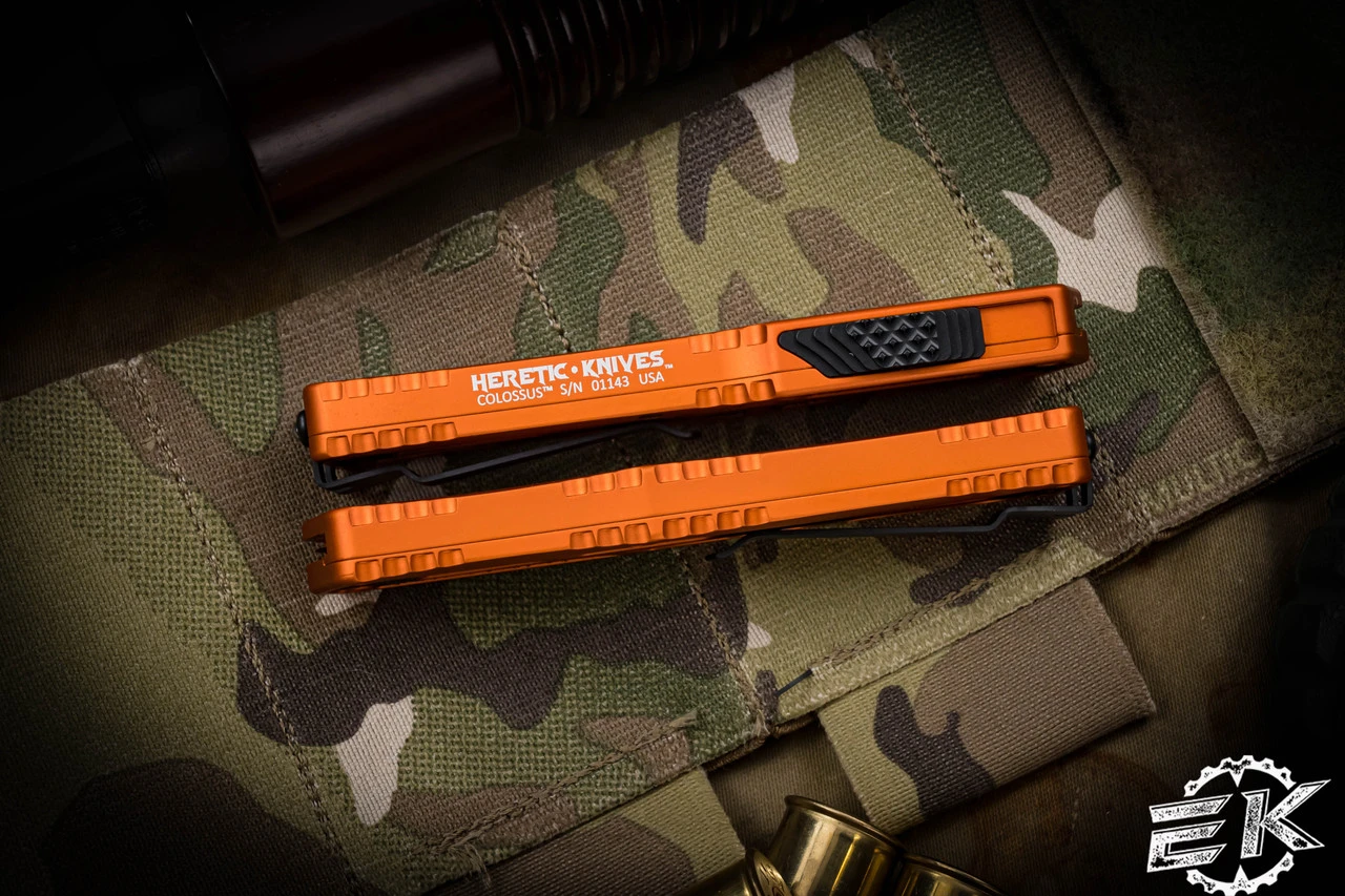 Heretic Knives "Colossus" OTF Orange Aluminum 3.5" Two Tone Black Drop Point H039-10A-ORG 5 Heretic Knives "Colossus" OTF Orange Aluminum 3.5" Two Tone Black Drop Point H039-10A-ORG - Image 3