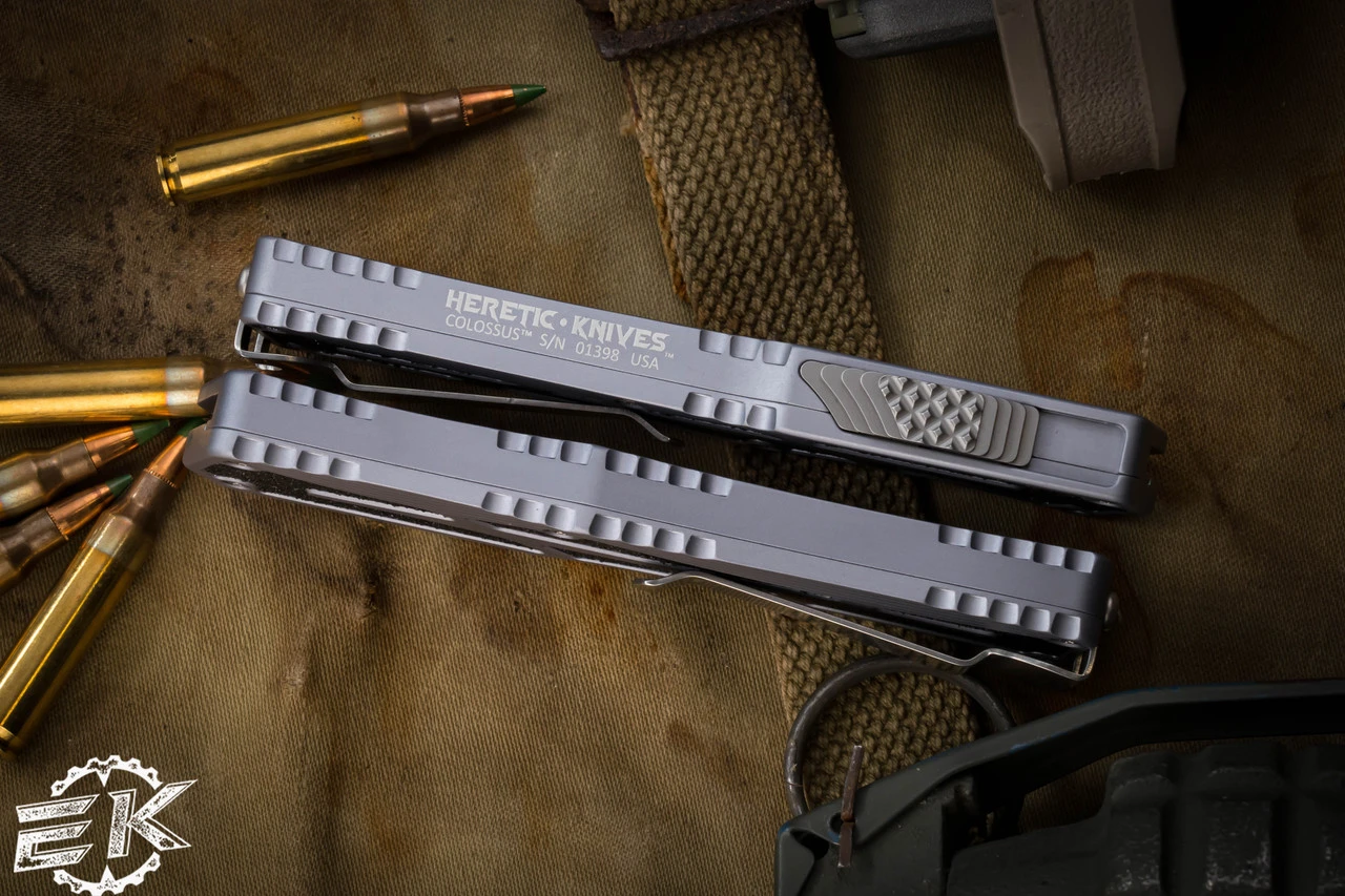 Heretic Knives "Colossus" OTF Gray Aluminum 3.5" Drop Point Stonewash H039-2A-GRAY 5 Heretic Knives "Colossus" OTF Gray Aluminum 3.5" Drop Point Stonewash H039-2A-GRAY - Image 3
