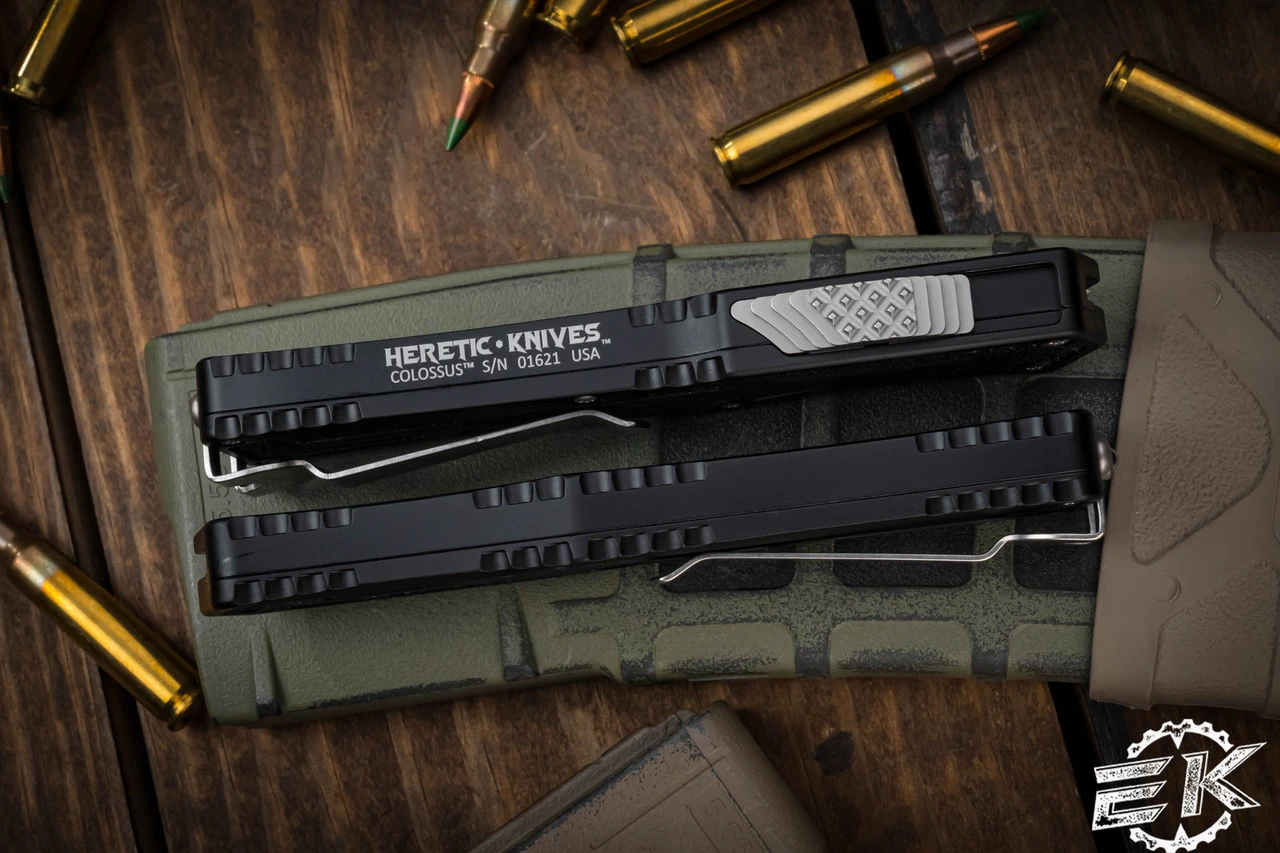Heretic Knives "Colossus" OTF Automatic Knife Black 3.5" Tanto Stonewash Serrated H040-2B 5 Heretic Knives "Colossus" OTF Automatic Knife Black 3.5" Tanto Stonewash Serrated H040-2B - Image 3