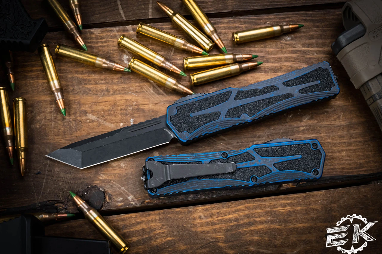 Heretic Knives "Colossus" Breakthrough Blue OTF Knife Battleworn Black 3.5" Tanto H040-8A-BRKBLU 3 Heretic Knives "Colossus" Breakthrough Blue OTF Knife Battleworn Black 3.5" Tanto H040-8A-BRKBLU