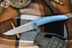 Hog House Knives Model T Folding Knife Blue Titanium 3.5" RWL-34 Blasted Drop Point