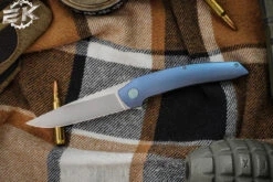 Hog House Knives Model T Folding Knife Blue Titanium 3.5" RWL-34 Blasted