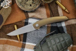 Hog House Knives Model T Folding Knife Bronze Titanium 3.5" RWL-34 Drop Point Blasted