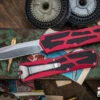 Heretic Knives "Colossus" Red OTF Automatic Knife 3.5" Recurve Stonewash H042-2A-RED