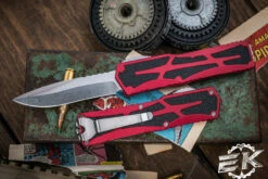 Heretic Knives "Colossus" Red OTF Automatic Knife 3.5" Recurve Stonewash H042-2A-RED