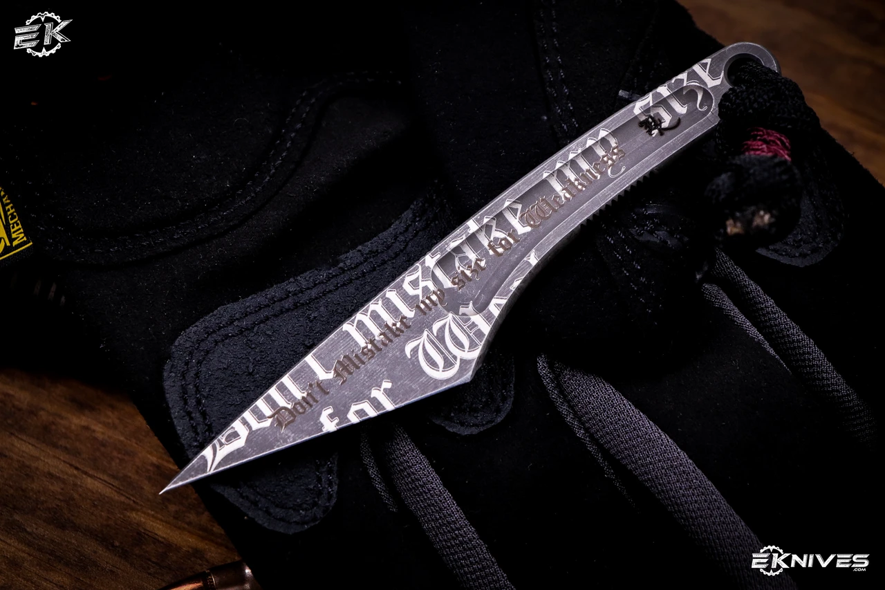 Bastinelli Knives Custom Kiridashi Engraved Fixed Blade Knife 2" Dark Stonewash 3 Bastinelli Knives Custom Kiridashi Engraved Fixed Blade Knife 2" Dark Stonewash