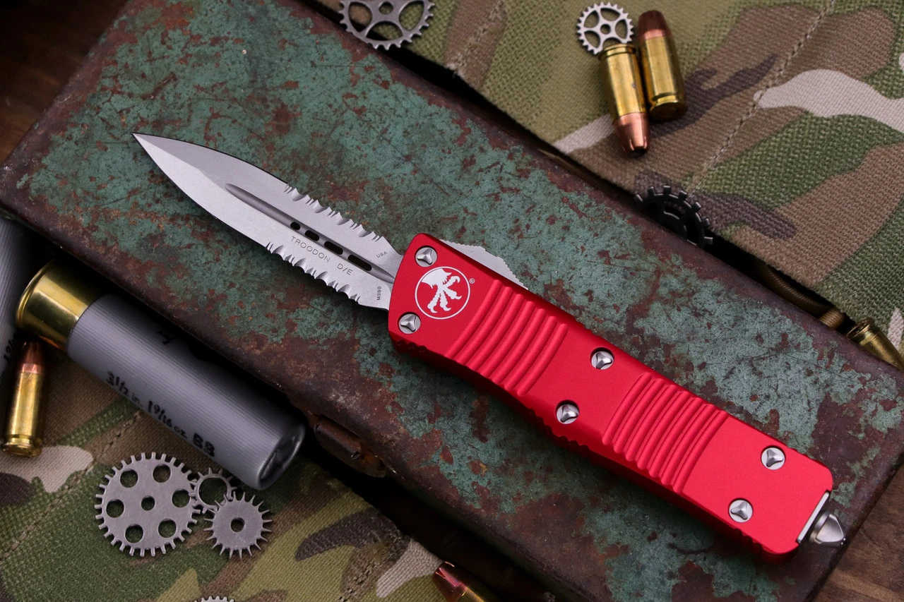 Microtech Troodon Red OTF Knife 3" Dagger Satin 138-11RD 3 Microtech Troodon Red OTF Knife 3" Dagger Satin 138-11RD