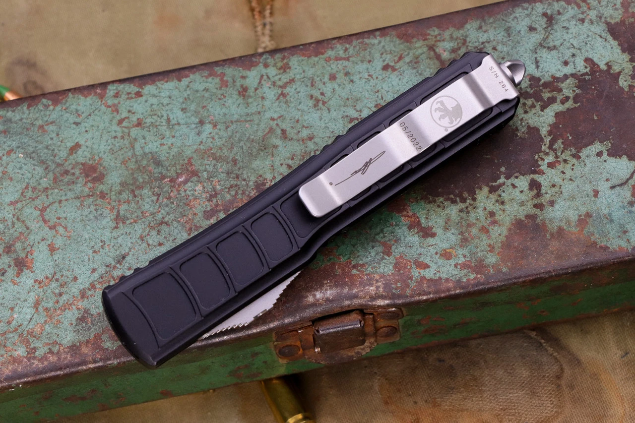 Microtech Ultratech II Stepside OTF Knife Black 3.4" Bayonet Satin Serrated 120II-5S (Preowned) 5 Microtech Ultratech II Stepside OTF Knife Black 3.4" Bayonet Satin Serrated 120II-5S (Preowned) - Image 3