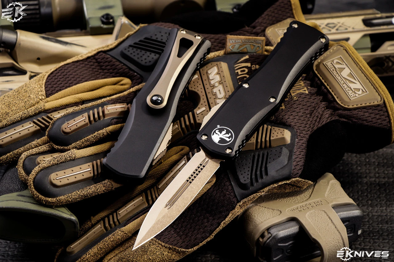 Microtech Hera OTF Automatic Knife Black 3" Dagger Bronze 702-13 3 Microtech Hera OTF Automatic Knife Black 3" Dagger Bronze 702-13