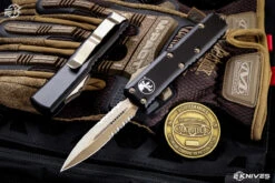 Microtech UTX-85 OTF Automatic Knife Black 3.1" Bronze Dagger Serrated 232-14