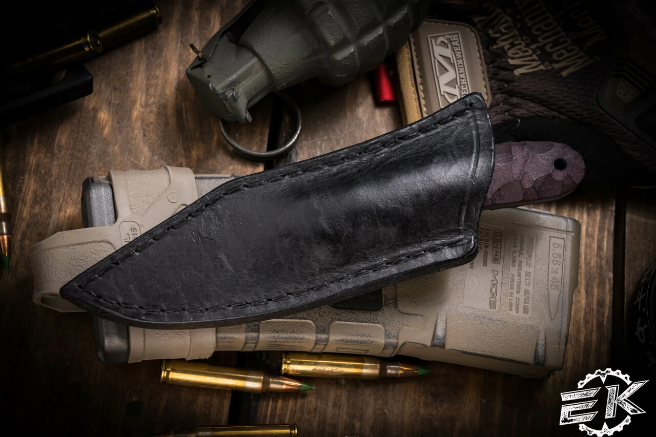 Jason Knight Forge Studio Jurassic Bird And Trout Fixed Blade Burgundy Textured Micarta 2.95" Acid Wash 4 Jason Knight Forge Studio Jurassic Bird And Trout Fixed Blade Burgundy Textured Micarta 2.95" Acid Wash - Image 2