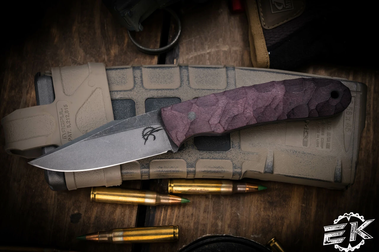 Jason Knight Forge Studio Jurassic Bird And Trout Fixed Blade Burgundy Textured Micarta 2.95" Acid Wash 3 Jason Knight Forge Studio Jurassic Bird And Trout Fixed Blade Burgundy Textured Micarta 2.95" Acid Wash