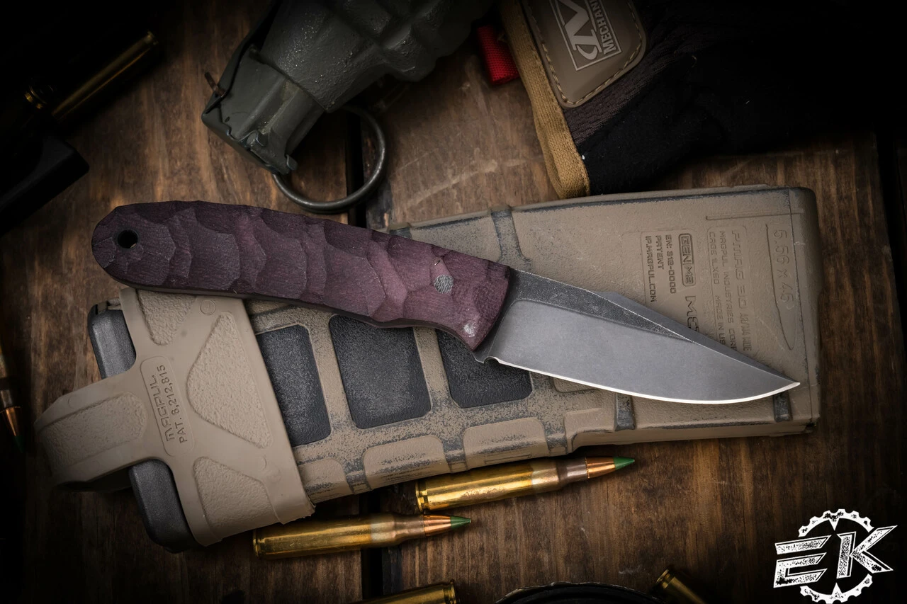 Jason Knight Forge Studio Jurassic Bird And Trout Fixed Blade Burgundy Textured Micarta 2.95" Acid Wash 6 Jason Knight Forge Studio Jurassic Bird And Trout Fixed Blade Burgundy Textured Micarta 2.95" Acid Wash - Image 4