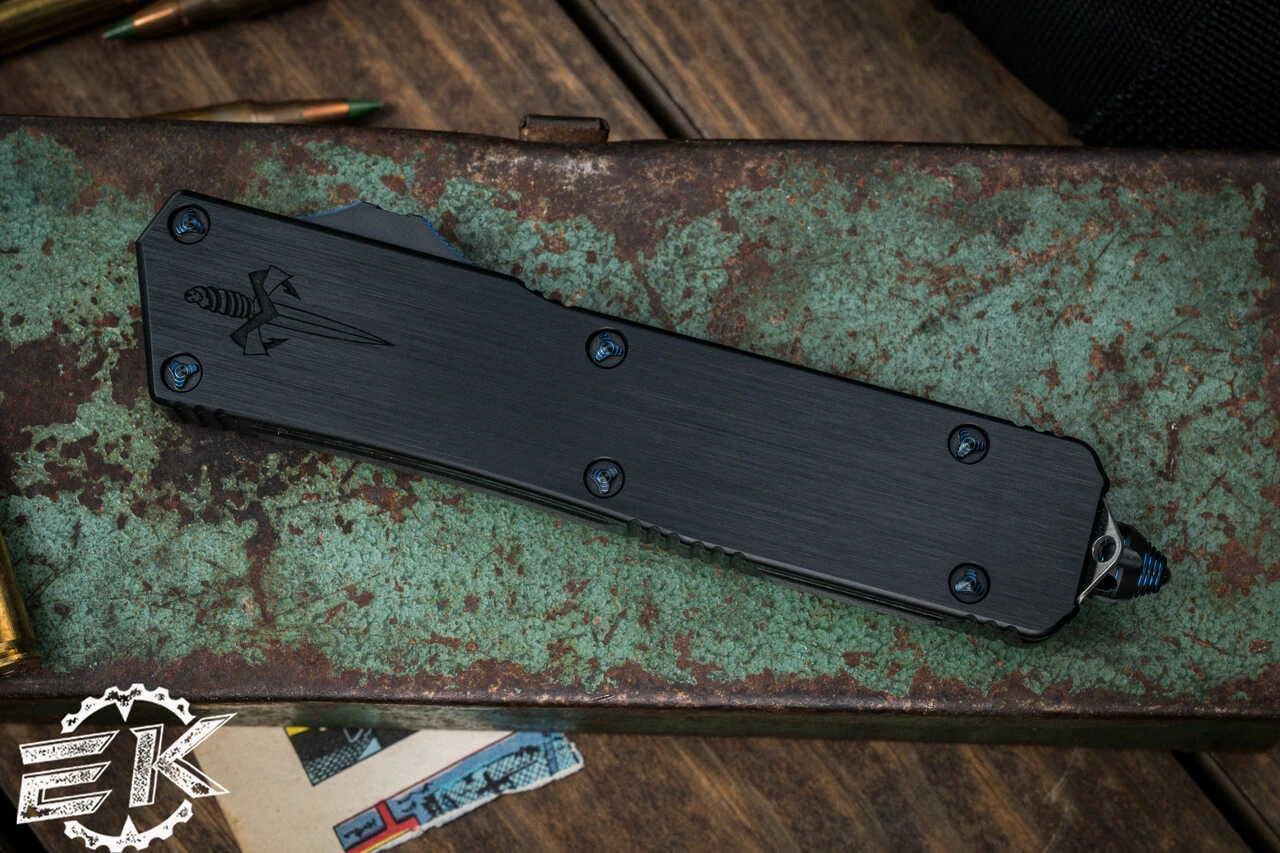 Marfione Custom Scarab II OTF Automatic Knife, Blue Ringed HW 4" DE-S Drop Double Edge Hand Rubbed 7 Marfione Custom Scarab II OTF Automatic Knife, Blue Ringed HW 4" DE-S Drop Double Edge Hand Rubbed - Image 5