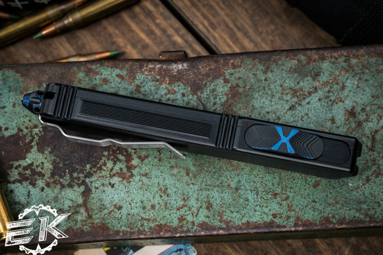 Marfione Custom Scarab II OTF Automatic Knife, Blue Ringed HW 4" DE-S Drop Double Edge Hand Rubbed 8 Marfione Custom Scarab II OTF Automatic Knife, Blue Ringed HW 4" DE-S Drop Double Edge Hand Rubbed - Image 6