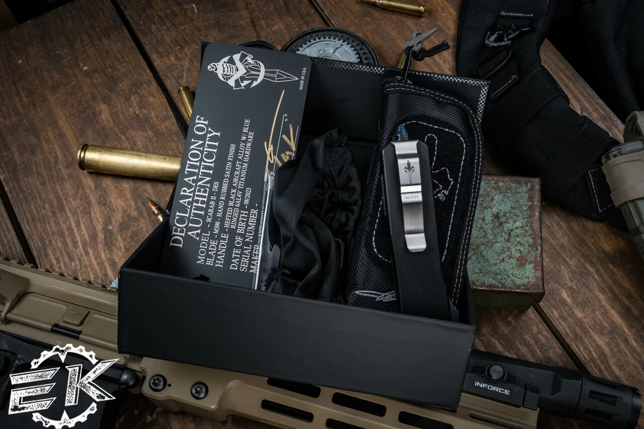 Marfione Custom Scarab II OTF Automatic Knife, Blue Ringed HW 4" DE-S Drop Double Edge Hand Rubbed 6 Marfione Custom Scarab II OTF Automatic Knife, Blue Ringed HW 4" DE-S Drop Double Edge Hand Rubbed - Image 4