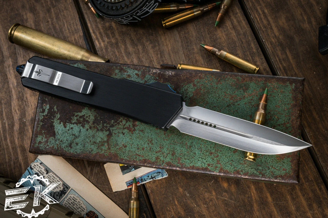 Marfione Custom Scarab II OTF Automatic Knife, Blue Ringed HW 4" DE-S Drop Double Edge Hand Rubbed 10 Marfione Custom Scarab II OTF Automatic Knife, Blue Ringed HW 4" DE-S Drop Double Edge Hand Rubbed - Image 8