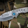 Medford Praetorian Genesis "T" Folding Knife Tumbled Titanium, Blue HW/Clip 3.3" Drop Point Tumbled -Best Knifes Shop MK029STD 01TM T2C2 BN 3 05517.1688335511