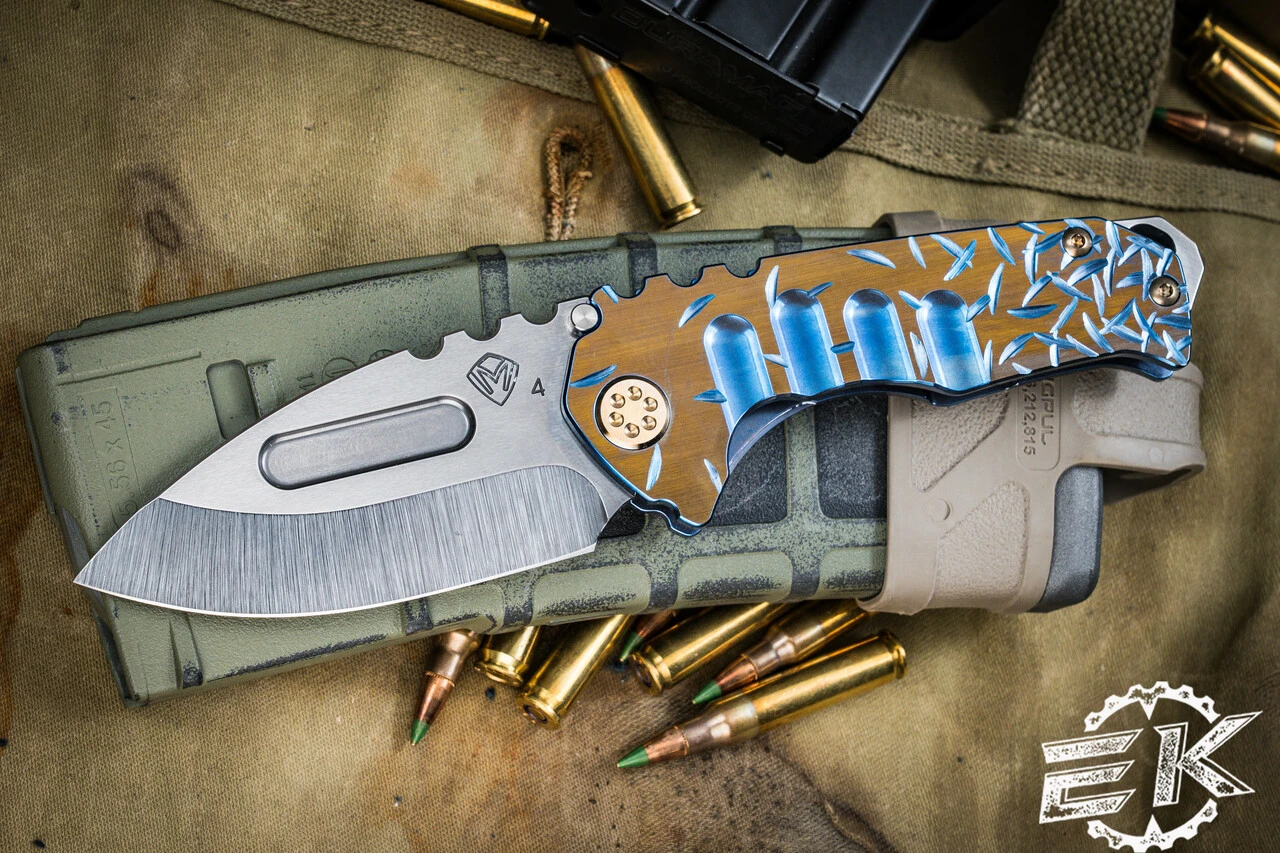 Medford Praetorian Genesis "T" Folding Knife Sculpted Blue Titanium, Bronze "Jasmine Fade" 3.3" Drop Point Tumbled 3 Medford Praetorian Genesis "T" Folding Knife Sculpted Blue Titanium, Bronze "Jasmine Fade" 3.3" Drop Point Tumbled