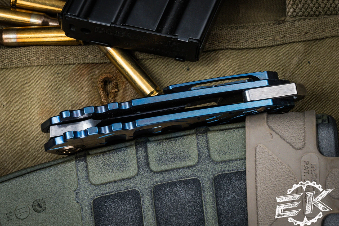 Medford Praetorian Genesis "T" Folding Knife Sculpted Blue Titanium, Bronze "Jasmine Fade" 3.3" Drop Point Tumbled 7 Medford Praetorian Genesis "T" Folding Knife Sculpted Blue Titanium, Bronze "Jasmine Fade" 3.3" Drop Point Tumbled - Image 5