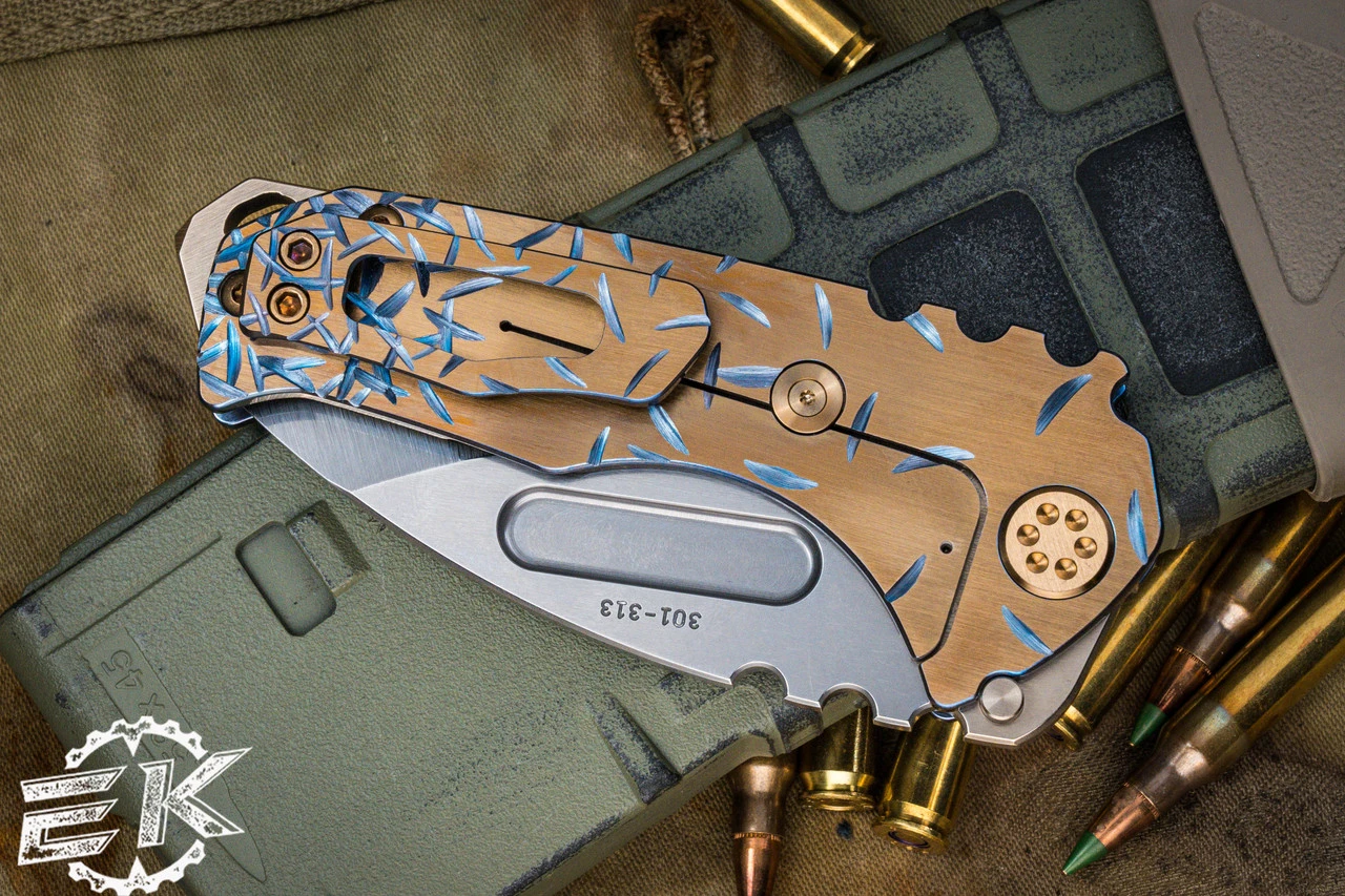 Medford Praetorian Genesis "T" Folding Knife Sculpted Blue Titanium, Bronze "Jasmine Fade" 3.3" Drop Point Tumbled 6 Medford Praetorian Genesis "T" Folding Knife Sculpted Blue Titanium, Bronze "Jasmine Fade" 3.3" Drop Point Tumbled - Image 4