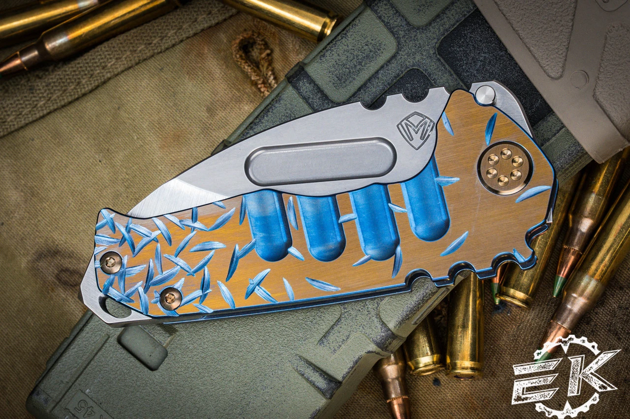 Medford Praetorian Genesis "T" Folding Knife Sculpted Blue Titanium, Bronze "Jasmine Fade" 3.3" Drop Point Tumbled 5 Medford Praetorian Genesis "T" Folding Knife Sculpted Blue Titanium, Bronze "Jasmine Fade" 3.3" Drop Point Tumbled - Image 3