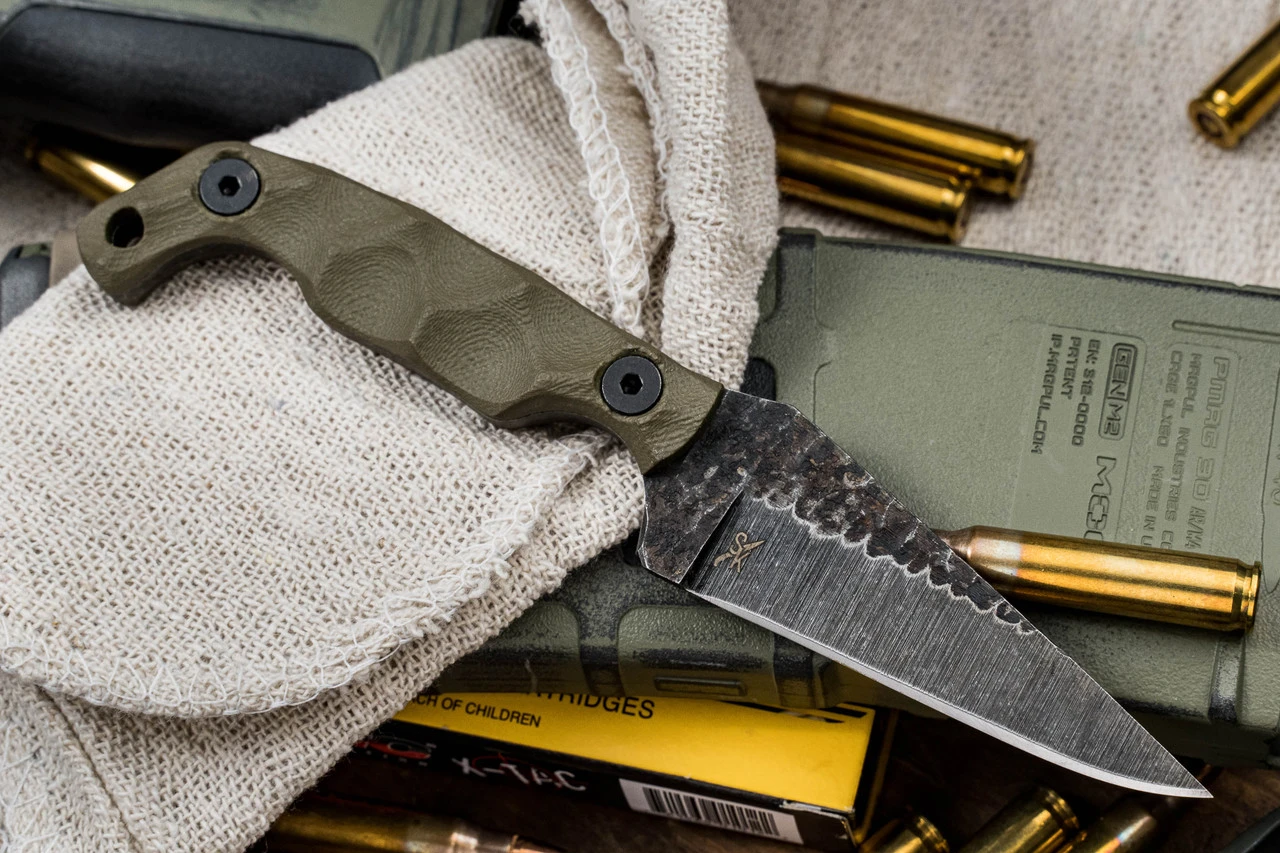 Stroup Knives MINI Fixed Blade Knife OD Green G10 3" Acid Wash Carved Pike 3 Stroup Knives MINI Fixed Blade Knife OD Green G10 3" Acid Wash Carved Pike