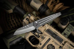 Medford Nosferatu Flipper Button Lock Knife Tumbled Titanium, Violet HW/Clip 3.5" Tumbled