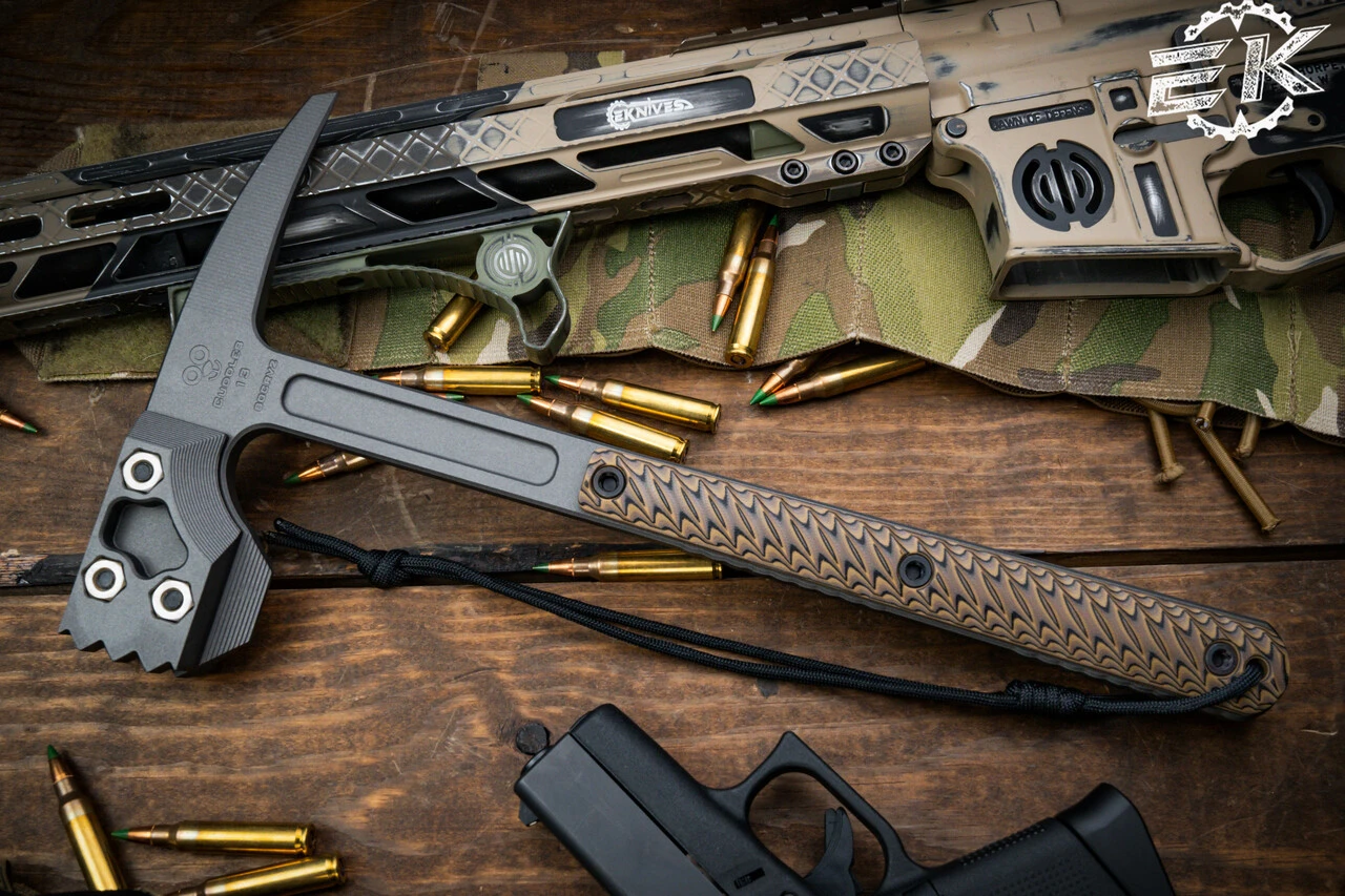 RMJ Tactical "Cuddles" Warhammer W/ Spike, Hyena Brown G10 13" Tungsten 3 RMJ Tactical "Cuddles" Warhammer W/ Spike, Hyena Brown G10 13" Tungsten