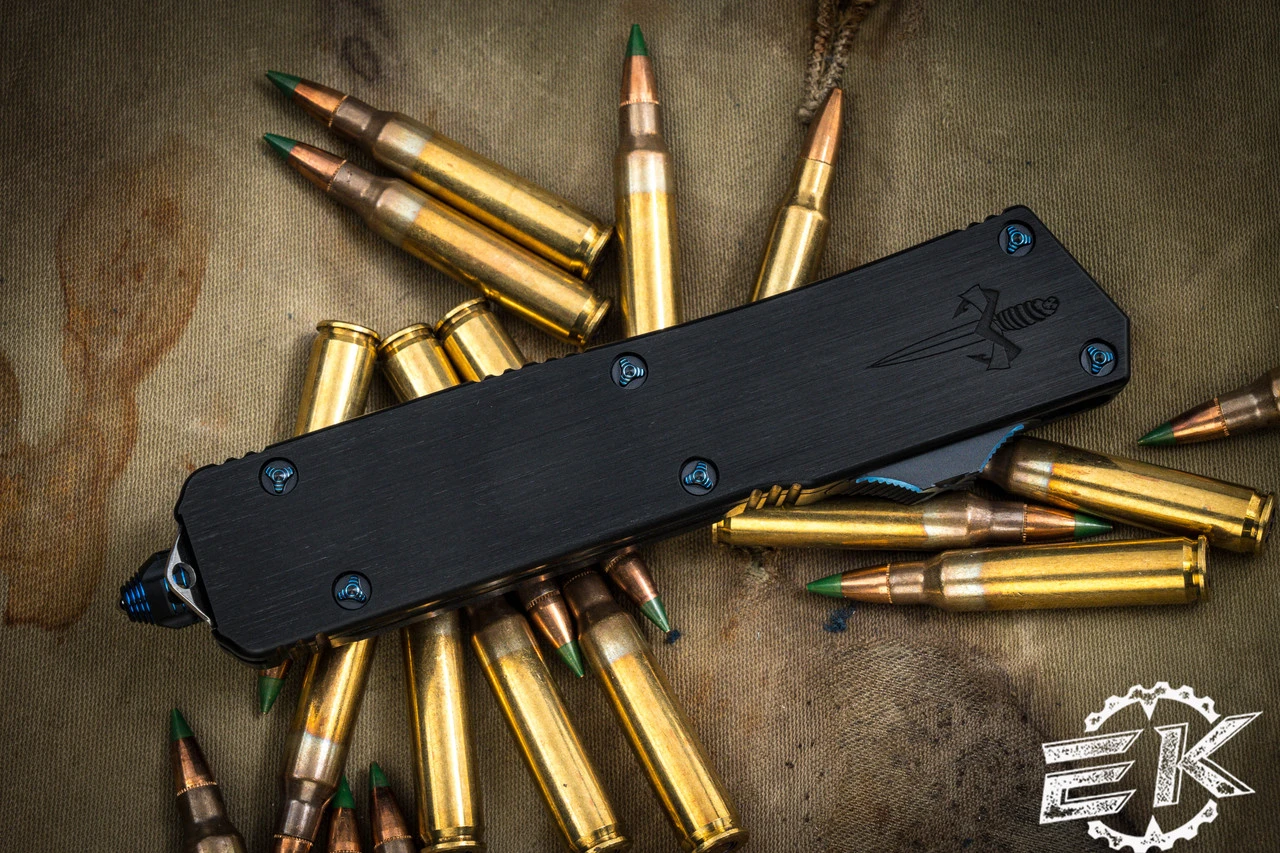 Marfione Custom Scarab II OTF Automatic Knife, Blue Ringed HW 4" DE-S Drop Double Edge Mirror Polish 5 Marfione Custom Scarab II OTF Automatic Knife, Blue Ringed HW 4" DE-S Drop Double Edge Mirror Polish - Image 3