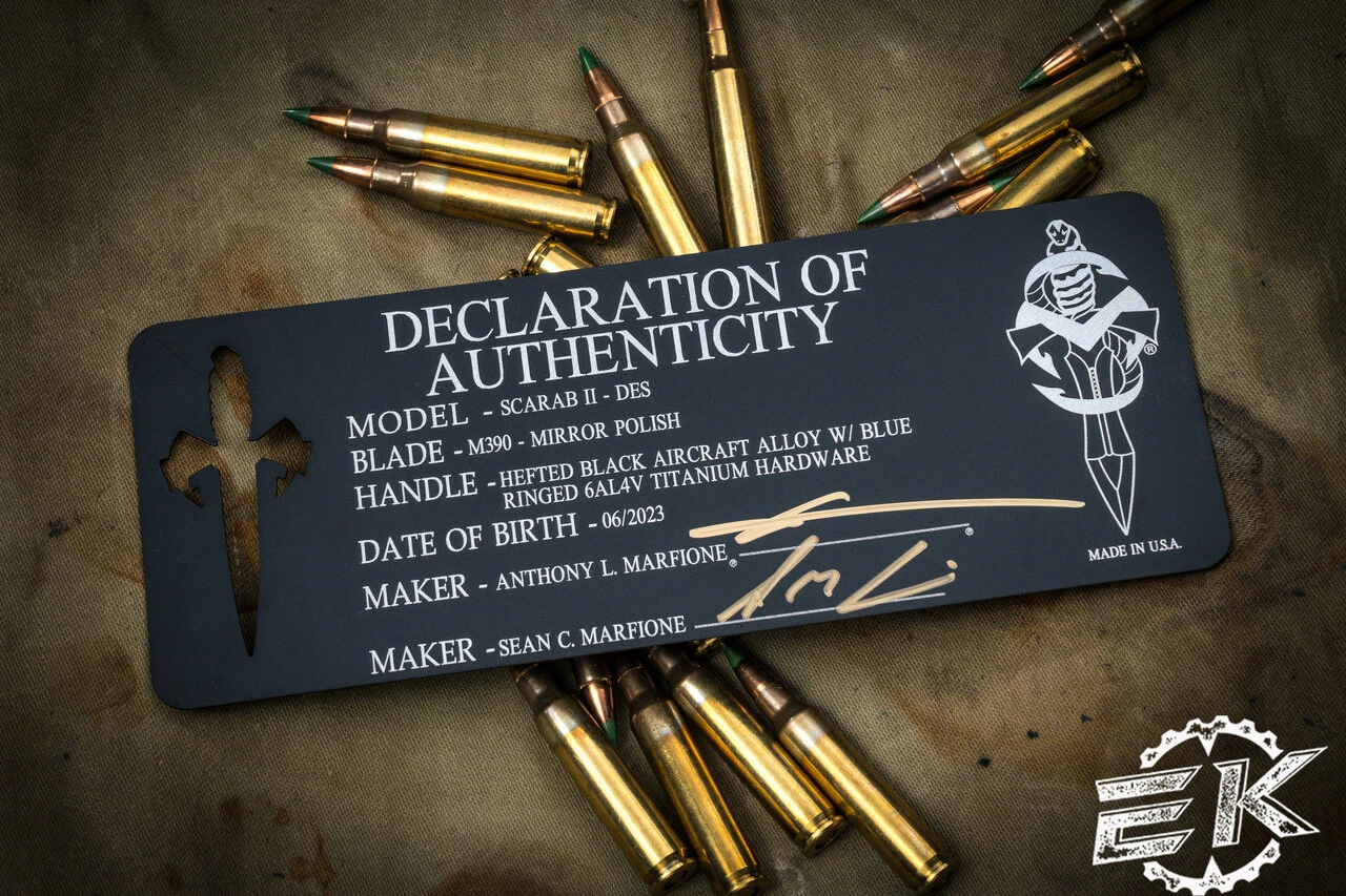 Marfione Custom Scarab II OTF Automatic Knife, Blue Ringed HW 4" DE-S Drop Double Edge Mirror Polish 10 Marfione Custom Scarab II OTF Automatic Knife, Blue Ringed HW 4" DE-S Drop Double Edge Mirror Polish - Image 8