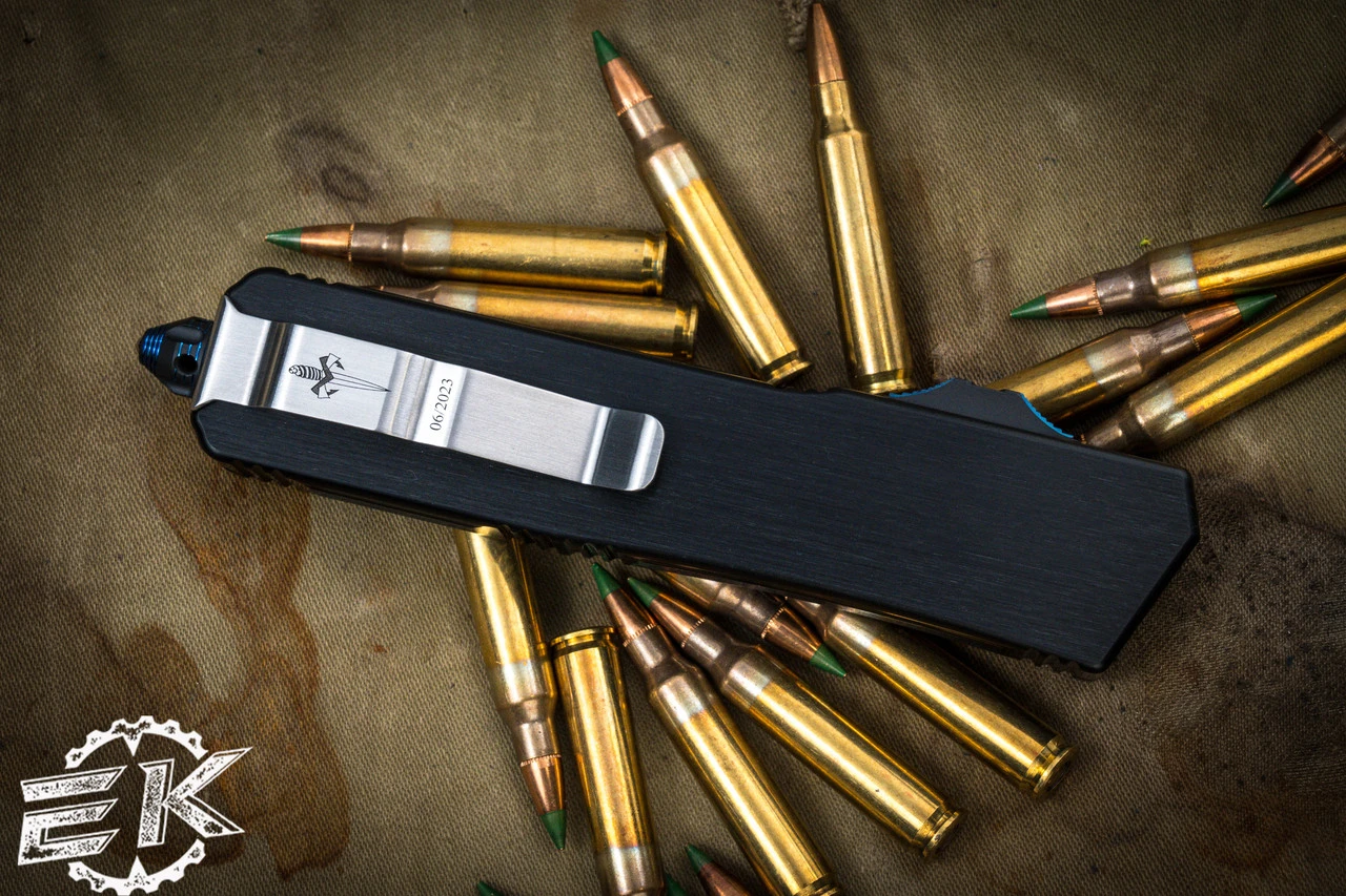 Marfione Custom Scarab II OTF Automatic Knife, Blue Ringed HW 4" DE-S Drop Double Edge Mirror Polish 8 Marfione Custom Scarab II OTF Automatic Knife, Blue Ringed HW 4" DE-S Drop Double Edge Mirror Polish - Image 6