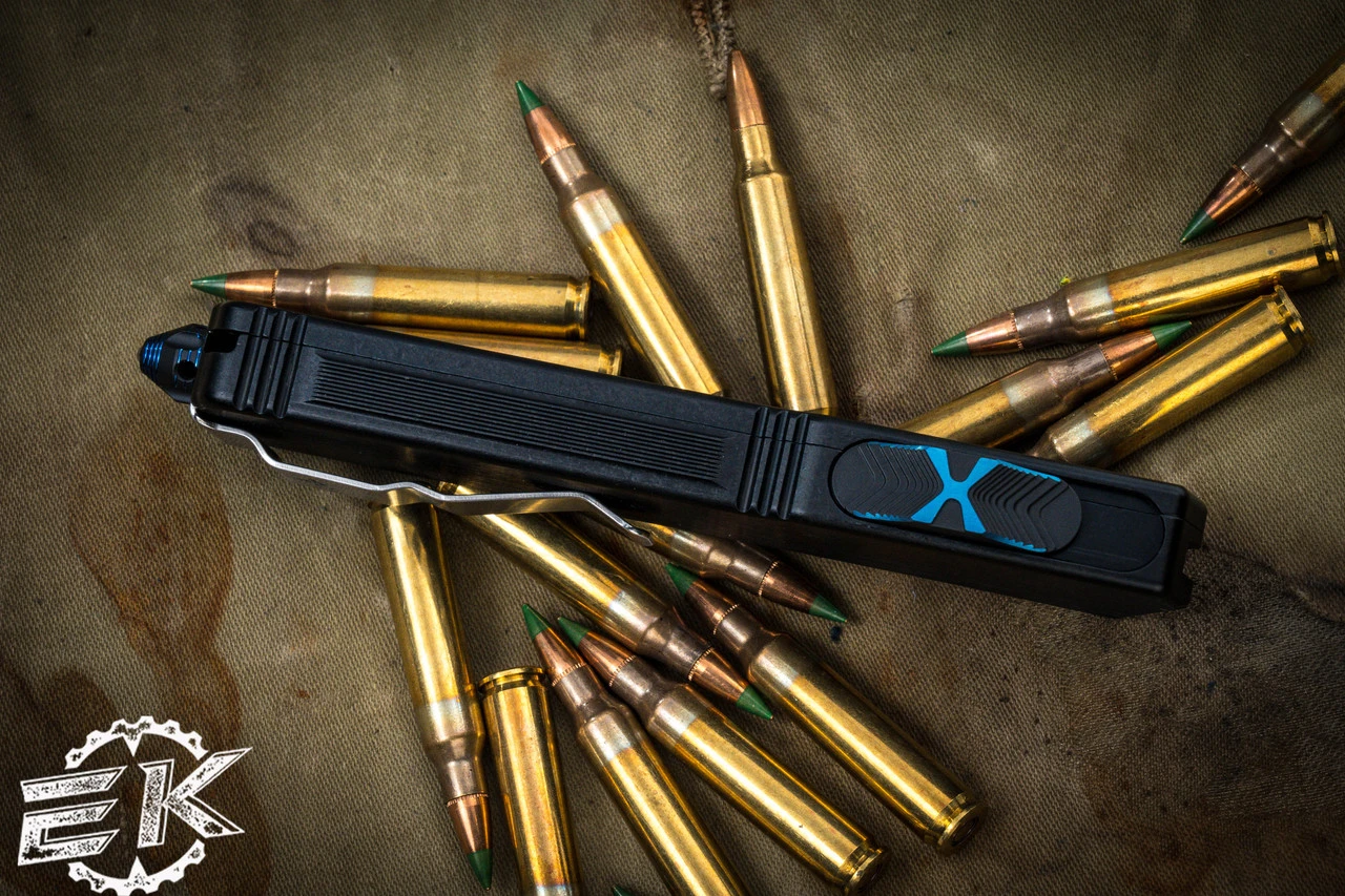 Marfione Custom Scarab II OTF Automatic Knife, Blue Ringed HW 4" DE-S Drop Double Edge Mirror Polish 6 Marfione Custom Scarab II OTF Automatic Knife, Blue Ringed HW 4" DE-S Drop Double Edge Mirror Polish - Image 4