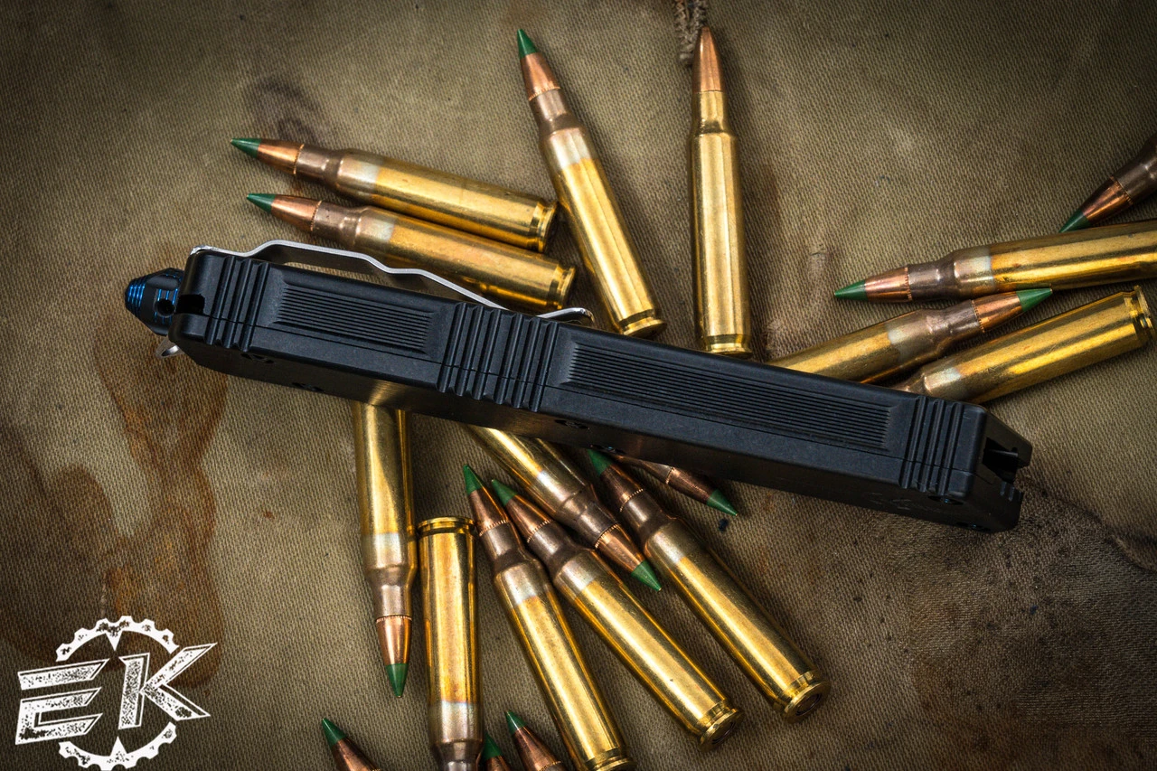 Marfione Custom Scarab II OTF Automatic Knife, Blue Ringed HW 4" DE-S Drop Double Edge Mirror Polish 7 Marfione Custom Scarab II OTF Automatic Knife, Blue Ringed HW 4" DE-S Drop Double Edge Mirror Polish - Image 5