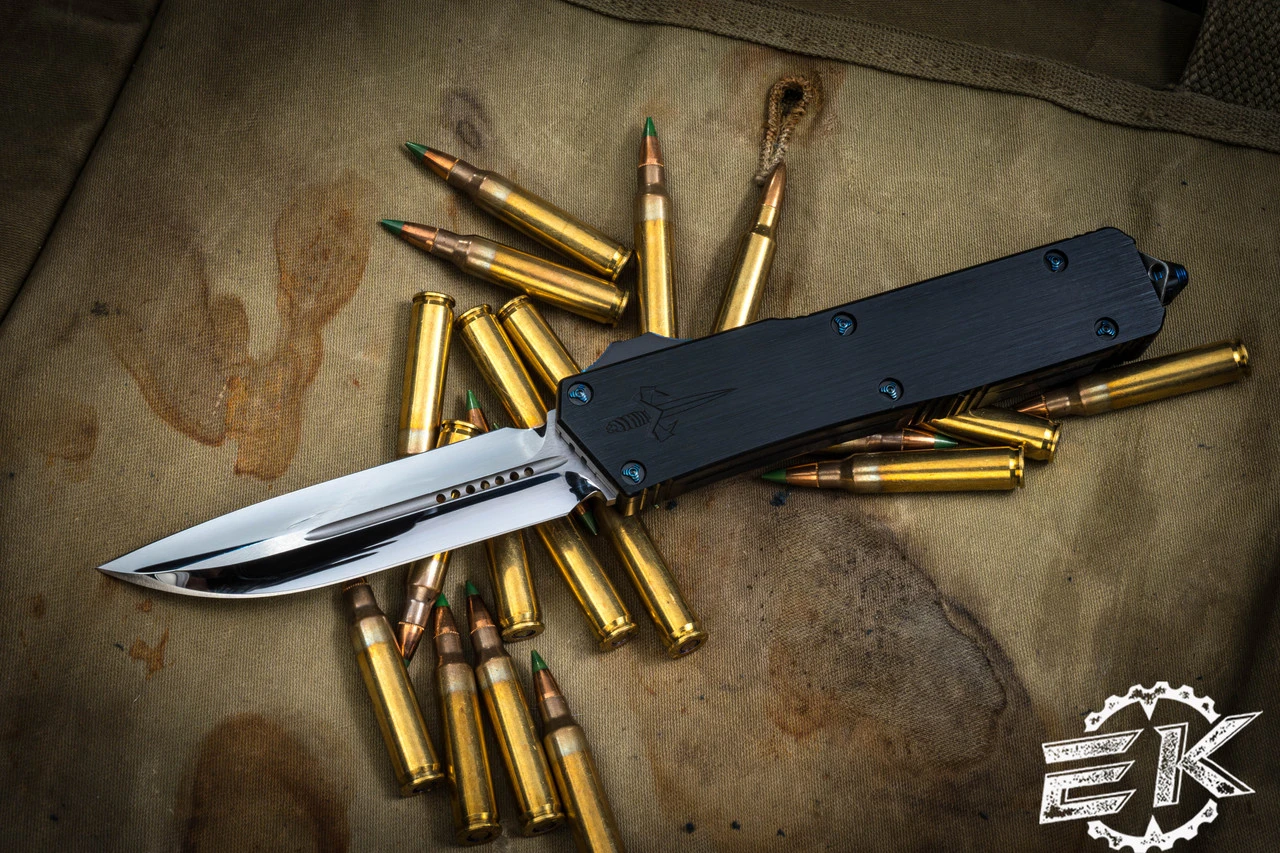 Marfione Custom Scarab II OTF Automatic Knife, Blue Ringed HW 4" DE-S Drop Double Edge Mirror Polish 3 Marfione Custom Scarab II OTF Automatic Knife, Blue Ringed HW 4" DE-S Drop Double Edge Mirror Polish