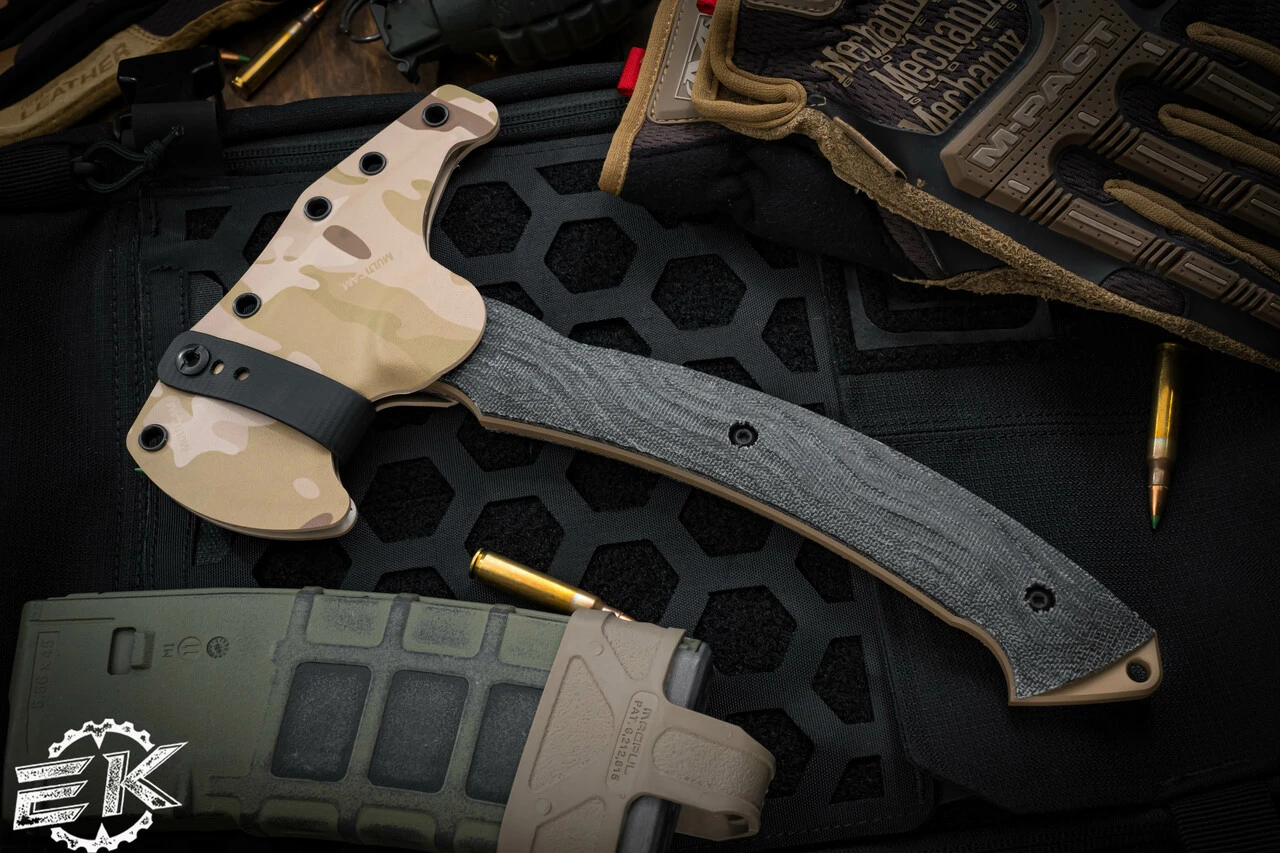 Toor Knives Tomahawk Arid Black Linen Micarta 11" Coyote Tan W/Kydex Camo Sheath 5 Toor Knives Tomahawk Arid Black Linen Micarta 11" Coyote Tan W/Kydex Camo Sheath - Image 3