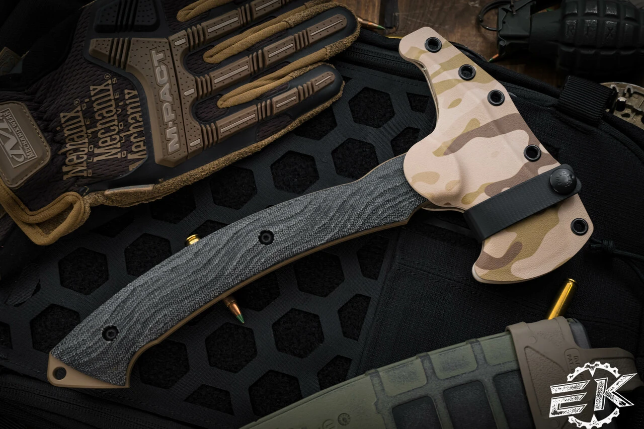 Toor Knives Tomahawk Arid Black Linen Micarta 11" Coyote Tan W/Kydex Camo Sheath 6 Toor Knives Tomahawk Arid Black Linen Micarta 11" Coyote Tan W/Kydex Camo Sheath - Image 4
