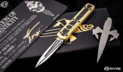 Marfione Custom UTX-70 Brass/CF Inlay OTF Automatic Blue Accents 2.4" Dagger Mirror Polish