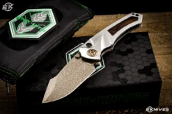 Heretic Knives Custom "Pariah" Dual Action Ironwood Inlay 4" Bronze Ball Bearing Damascus